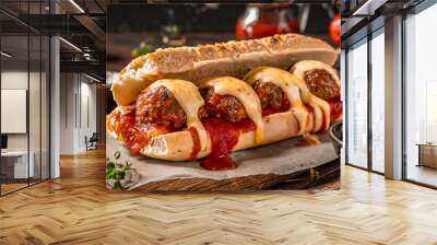 close-up shot of meatball sub sandwich with melted cheese and marinara tomato sauce Wall mural