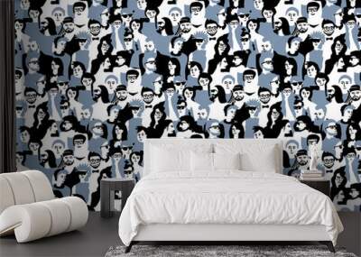 Different people crowd seamless pattern gray and black. Wall mural