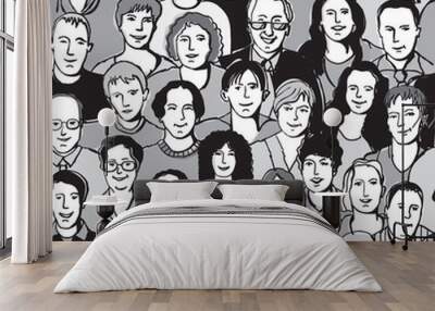 Seamless pattern unrecognizable people faces in crowd Wall mural