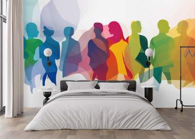 Abstract colorful art watercolor painting depicts a diverse group of people united Wall mural