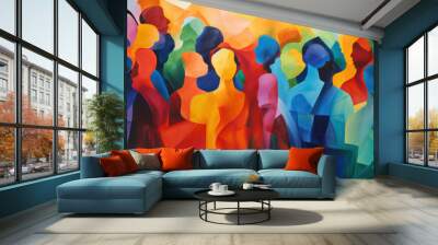 Abstract colorful art watercolor painting depicts a diverse group of people united Wall mural