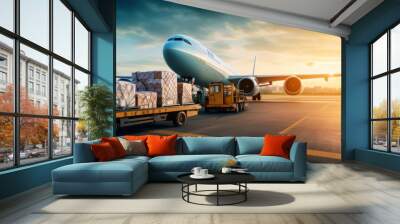 Air cargo freighter Logistics import export goods of freight global, Process of handling, Luggage loading with high loader at the Airport. Wall mural