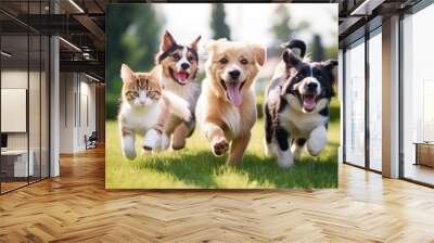 Cute funny dog and cat group jumps and running and happily a field blurred background Wall mural