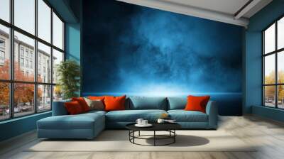 Dark street, asphalt abstract dark blue background, empty dark scene, neon light, spotlights The concrete floor and studio room with smoke float up the interior texture for display products Wall mural