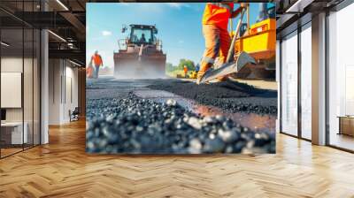 Road construction workers' teamwork, tarmac laying works at a road construction site, hot asphalt gravel leveled by workers, and road surface repair.. Wall mural