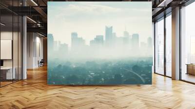 Smog city from PM 2.5 dust, Cityscape of buildings with bad weather and air pollution,Toxic haze in the city, Unhealthy air pollution dust, environment, Blurred image Wall mural