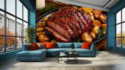 A beautifully cooked roast ham garnished with spices, served with golden roasted potatoes on a festive platter, perfect for holiday gatherings. Wall mural