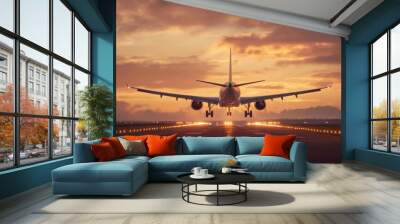 Airplane Landing Runway Sunset Dramatic Sky Wall mural