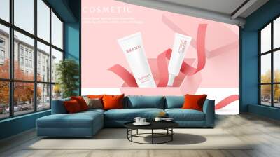 Cosmetics and skin care product ads template on pink background with gift box and ribbon. Wall mural