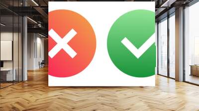 Vector OK and X button set isolated on background. Symbols YES and NO for decision making, vote, mobile app, web site. Checkmark sign. Right and wrong check mark sign 10 eps Wall mural