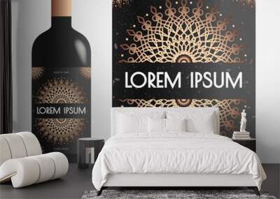 Vine label mandala gold style on black background bottle mock up vector 10 eps Wall mural