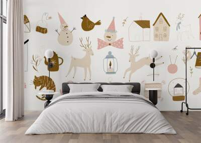 modern set of flat doodles items. cozy winter atmosphere. ideal for decorating and printing postcards Wall mural