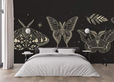 mystical illustration of a butterfly or moth. mysterious night in a secret garden. magic aesthetics, wildlife, retro vintage engraving style Wall mural