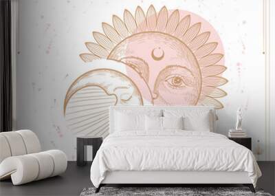 Set of mystical and mysterious illustrations in hand drawn style.  Minimalistic objects made in the style.  boho style signs and symbols. outer space, moon, sun system. vector. Wall mural