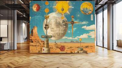 surreal modern poster for printing with elements of astrology, space, sun and moon, woman's portrait and insects, synth and psychedelic. AI generated Wall mural