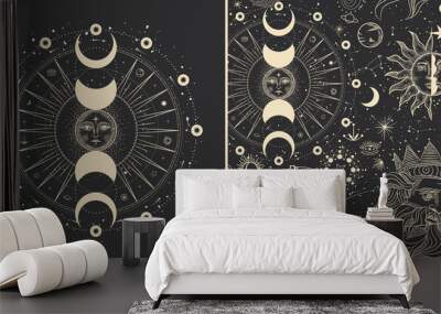 vector illustration set of moon phases. different stages of moonlight activity in vintage engraving  Wall mural