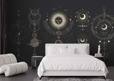 vector illustration set of moon phases. different stages of moonlight activity in vintage engraving  Wall mural