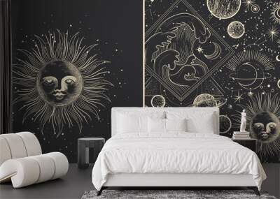 vector illustration set of moon phases. different stages of moonlight activity in vintage engraving  Wall mural