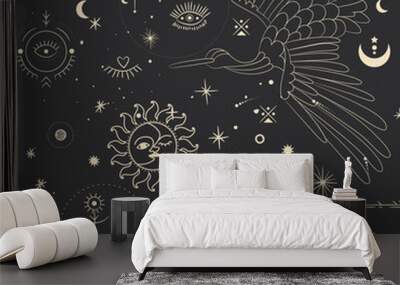 Vector illustration set of moon phases. Different stages of moonlight activity in vintage engraving style. Zodiac Signs Wall mural