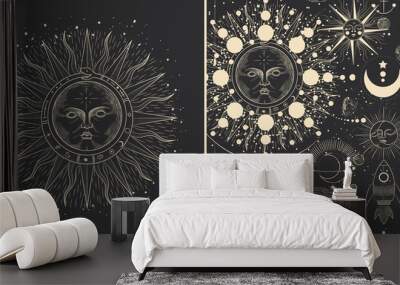 Vector illustration set of moon phases. Different stages of moonlight activity in vintage engraving style. Zodiac Signs Wall mural