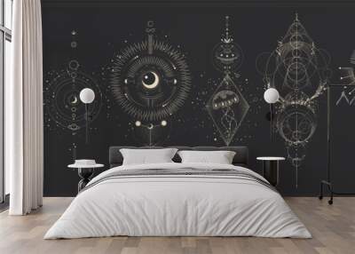 Vector illustration set of moon phases. Different stages of moonlight activity in vintage engraving style. Zodiac Signs Wall mural