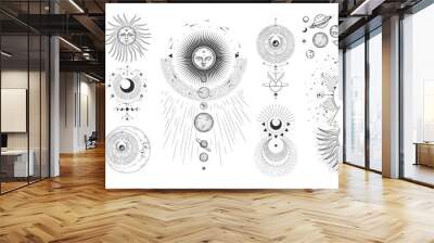 Vector illustration set of moon phases. Different stages of moonlight activity in vintage engraving style. Zodiac Signs Wall mural