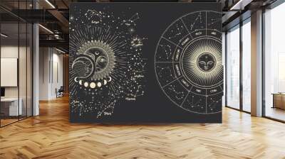 Vector illustration set of moon phases. Different stages of moonlight activity in vintage engraving style. Zodiac Signs Wall mural