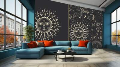 Vector illustration set of moon phases. Different stages of moonlight activity in vintage engraving style. Zodiac Signs Wall mural