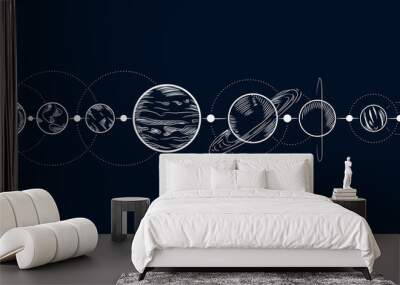 Vector illustration set of moon phases. Different stages of moonlight activity in vintage engraving style Wall mural