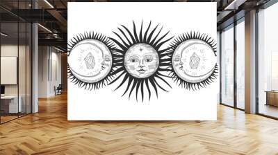 Vintage retro vintage engraving style. image of the sun and moon phases. culture of accultism. Vector graphics Wall mural