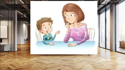 Mother and son talking at table Wall mural