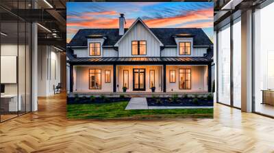 Beautiful modern farmhouse style luxury home exterior at twilight Wall mural