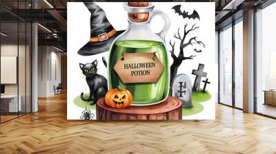 Watercolor clipart illustration of Halloween Potion, with isolated background. Wall mural