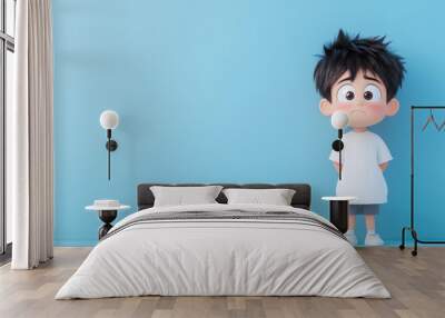 A 3D cartoon of a sad young boy in a white shirt, capturing feelings of unhappiness with a clean background. Wall mural