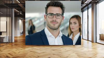 A determined businessman stands out in glasses, leading a team in a blurred environment, embodying strong leadership. Wall mural