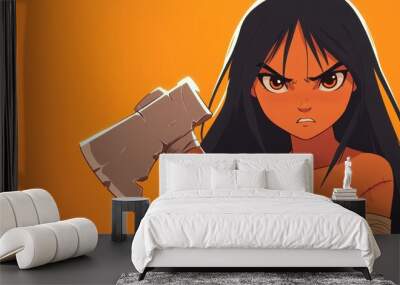 A fierce bandit girl with wild hair and a massive axe stares down the camera, ready for battle in bold D art. Wall mural