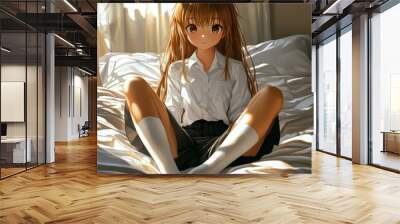 A serene scene of a Japanese girl, , with long brown hair, exuding charm in her casual attire on the bed. Wall mural