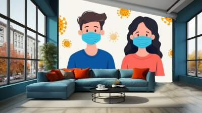 A smart couple dons masks to stay safe from COVID in this vibrant, D illustration with a clean, simple backdrop. Wall mural