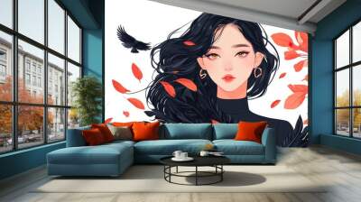 A striking illustration of a woman in black with golden eyes, adorned with feather details and surrounded by vibrant red leaves. Wall mural