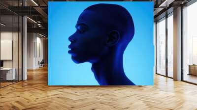 A striking side profile silhouette of an African American male stands out against a deep blue backdrop, highlighting elegance. Wall mural