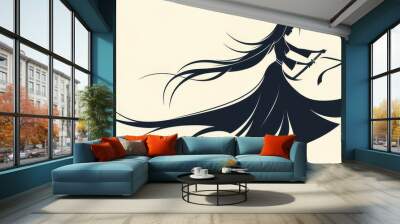 A striking silhouette of a girl in a stunning fighting pose, elegantly wielding a katana, capturing dynamic motion. Wall mural