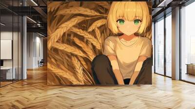 A stylish anime girl with blond hair and vibrant green eyes relaxes in dry grass, dressed simply yet chic. Wall mural