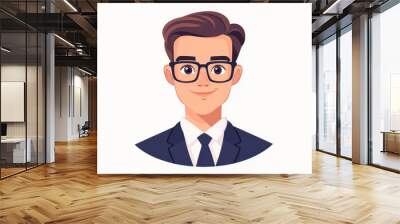 A stylish young man dons glasses and a sharp business suit in this vibrant 2D vector illustration, perfect for modern design. Wall mural