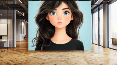 A vibrant 3D cartoon of a young woman with stunning brunette hair and striking blue eyes against a simple blue backdrop. Wall mural