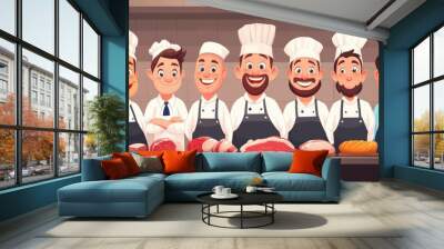 A vibrant cartoon illustration showcasing butchers and meat cutters at work, set against a clean background. Wall mural