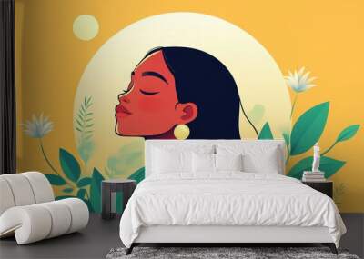 A vibrant illustration of a dreamy black girl, showcasing a modern flat design with playful textures and charm. Wall mural