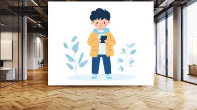 A young man with dark hair poses with a mobile device, creating a simple, clean cartoon illustration for web design. Wall mural