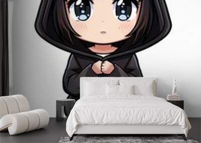 Adorable chibi girl with cute cat hoodie illustration. Playful and charming design perfect for cat lovers. Wall mural