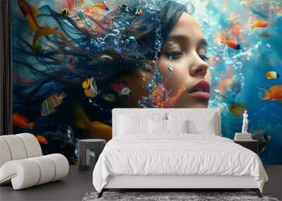 Dive into a vibrant underwater paradise with an elegant woman and colorful tropical fish in high resolution art. Wall mural