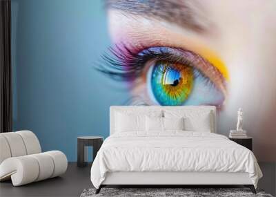 Dive into the stunning beauty of a female eye, showcasing a vibrant and colorful pupil in breathtaking detail. Wall mural